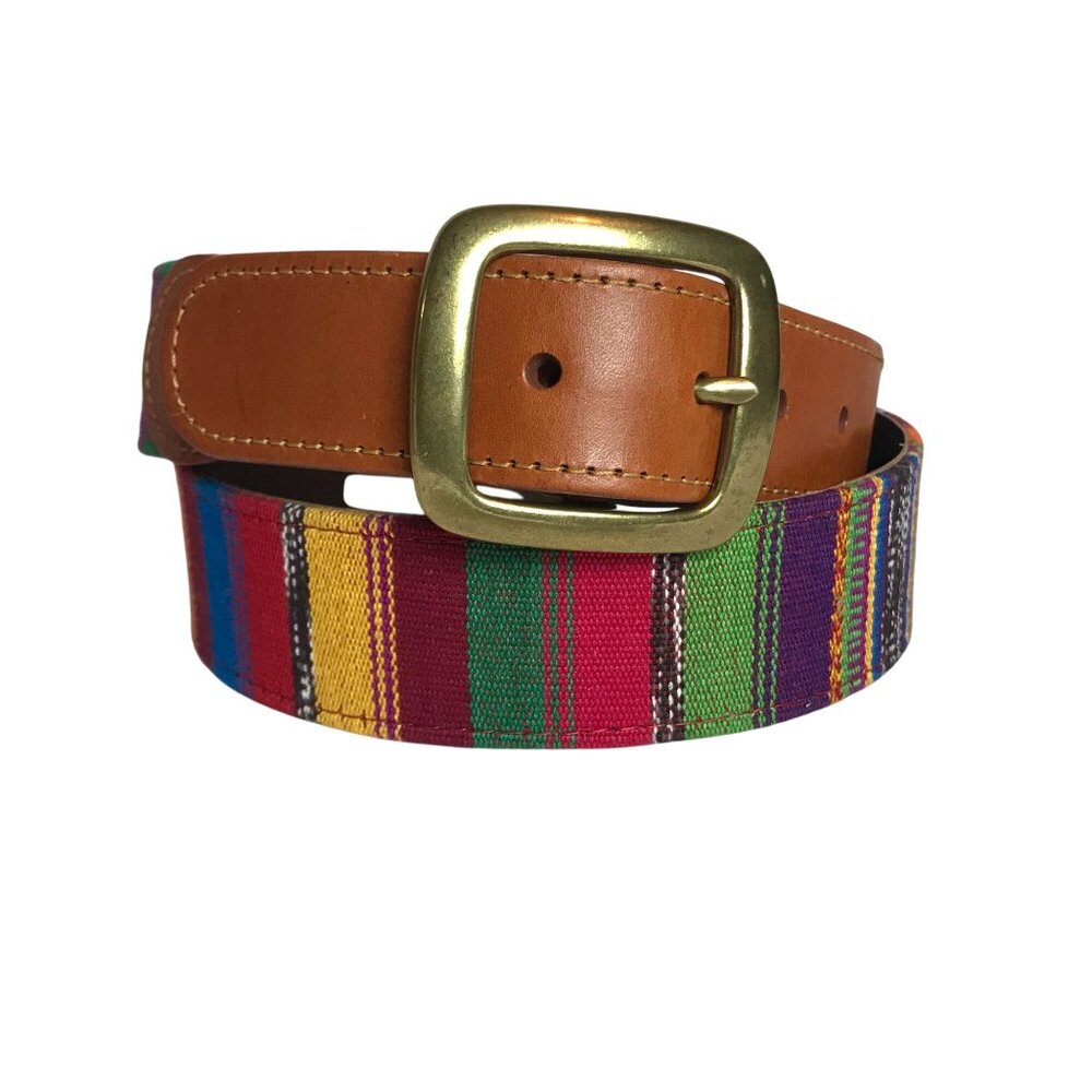 Colorful Cotton & Leather Belt Size 35 -39 Brass Buckle Guatamala